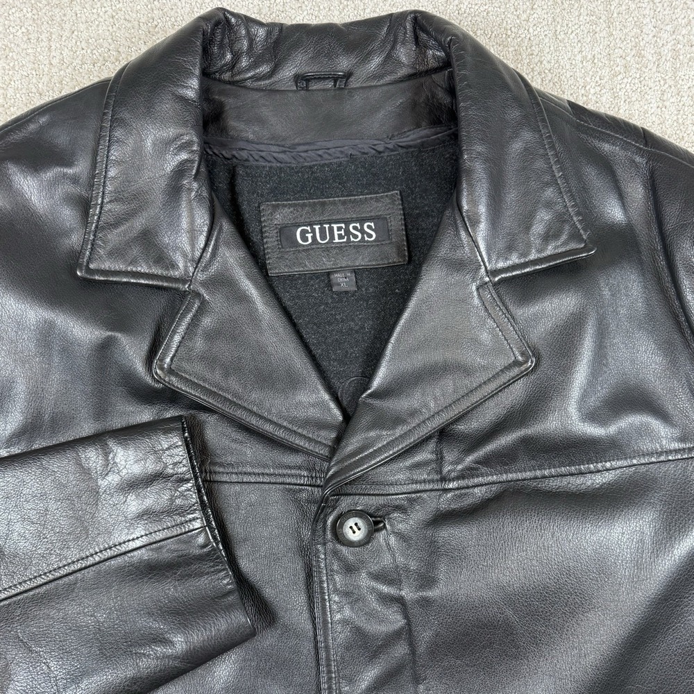 Guess Men's XL Black Genuine Leather Removable Lining Button Front Overcoat